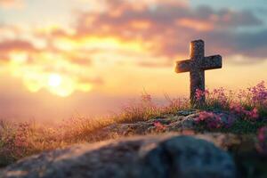 A cross is on top of a hill with flowers in the background photo