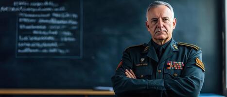 A man in military uniform standing in front of a blackboard photo