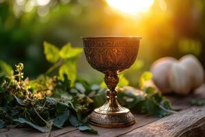 A golden goblet sits on a wooden table with leaves photo
