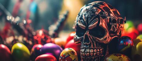 A skull with a crown and a skull surrounded by colorful eggs photo