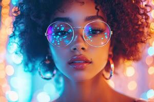 A woman with big hoop earrings and a colorful light background photo