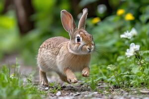 A small rabbit running through a field of green grass photo