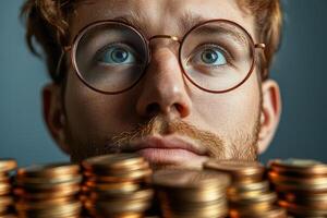 A man with glasses and a beard is looking up at a pile of coins photo