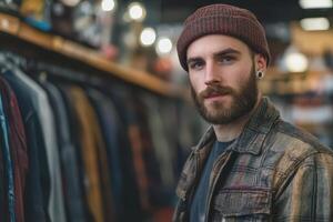 A man with a beard and a beanie is standing in front of a rack of clothes photo