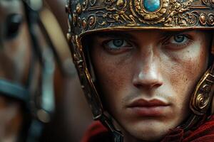 A man in a roman helmet with a horse photo