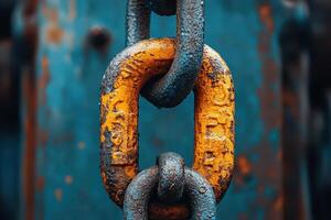 A close up of a chain link with a rusty metal chain photo