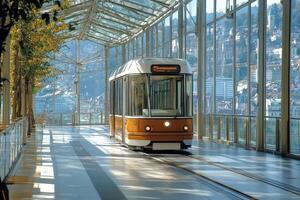 A tram on a track in a building photo