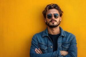 A man with sunglasses and a denim jacket standing against a yellow wall photo
