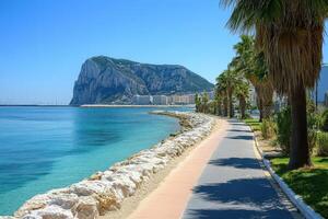 A paved path next to the ocean with palm trees photo