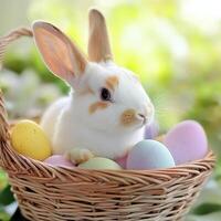A small white rabbit is sitting in a basket with colorful eggs photo