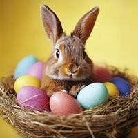 A brown rabbit sitting in a nest of colorful eggs photo