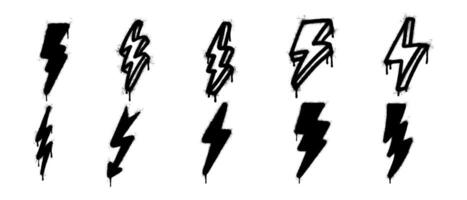 Set of Graffiti electric lightning bolt symbol Sprayed isolated with a white background. graffiti electric lightning bolt icon with over spray in black over white . vector