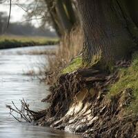 A tree trunk is leaning over the edge of a river photo