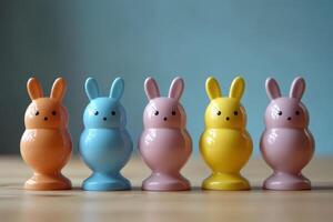Five colorful plastic easter eggs with bunny faces photo