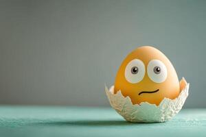 An egg with a sad face sitting in a shell photo
