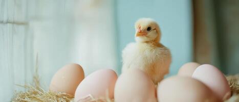 A baby chicken is standing in a nest of eggs photo