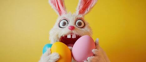 An image of a bunny holding colorful eggs photo