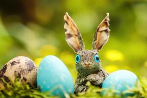 A small rabbit with blue eyes is sitting in the grass photo