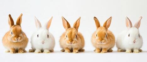 Five rabbits standing in a row on a white background photo