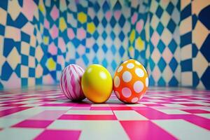 Three colorful eggs sit on a checkered floor photo
