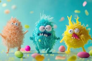 Three colorful monsters with eyes and horns standing in front of colorful eggs photo