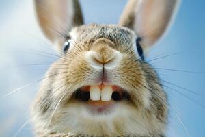 A close up of a rabbit with its mouth open photo