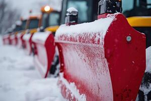 A row of snow plows lined up in the snow photo
