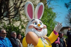 A large easter bunny statue with a large egg photo