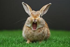 A brown rabbit with its mouth open on a green background photo