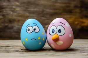 Two colorful painted eggs with faces on them photo