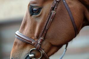 A close up of a horse's face with a bridle photo