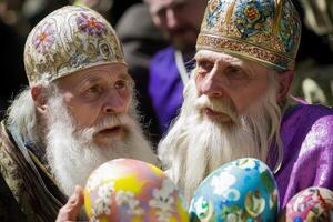 Two old men with long beards and hats holding colorful eggs photo