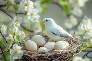 White bird in nest with eggs on tree branch photo
