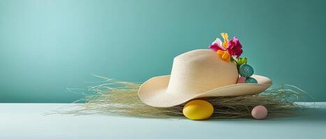 A hat with flowers and eggs on a blue background photo