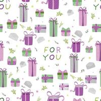 Seamless pattern with hand drawn gift box, envelope and flower bouquet. vector