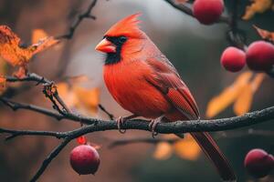 A red bird sits on a branch with red berries photo