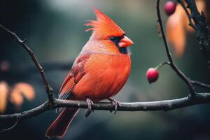 A red bird sits on a branch with berries photo