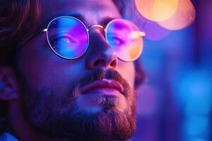 A man with glasses and beard in front of a colorful background photo