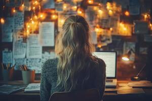 A woman sitting at a desk with a laptop and a bunch of papers on the wall photo