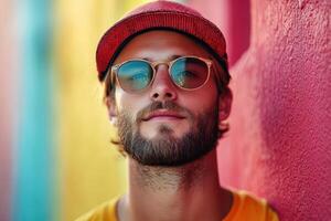 A man with a beard and sunglasses is standing in front of a colorful wall photo