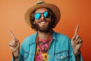 A man with a hat and sunglasses is pointing at something photo