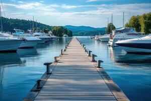 A wooden dock with boats docked on it photo