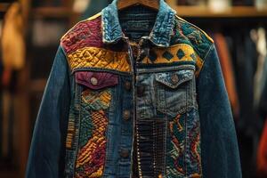 A denim jacket with colorful patches on it photo