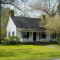 A white house with a porch and a tree photo