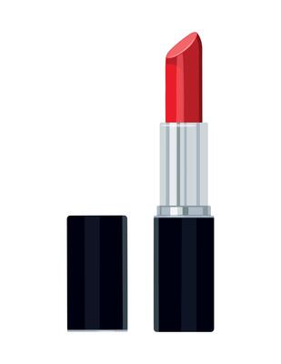 Red lipstick in case in a cartoon style. Illustration of luxury lipstick in black and silver tube isolated on white background. Lipstick for applying make-up. Cosmetic decorative product.