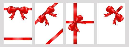 Set of gift cards with red ribbon bow, invitations, decorative red bows and ribbons for gift wrapping and design vector