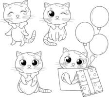 Coloring page. Adorable Kitten with Heart and Balloons in Different Poses vector