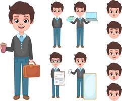 Office Worker Character Set. Businessman with Different Emotions and Office Items vector