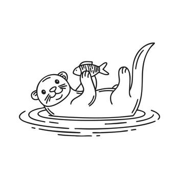 An otter floating on its back while holding a small fish vector