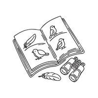 An open field guide showing different bird species next to a binoculars and feather vector